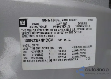 2007 Chevrolet Tahoe Ltz из США, поврежденный, VIN 1GNFC130X7R189031